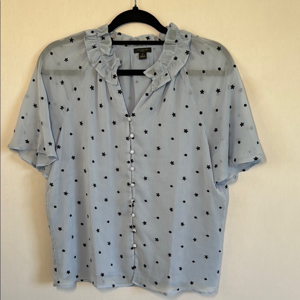 Ann Taylor Blue and Black Polka Dot Blouse
